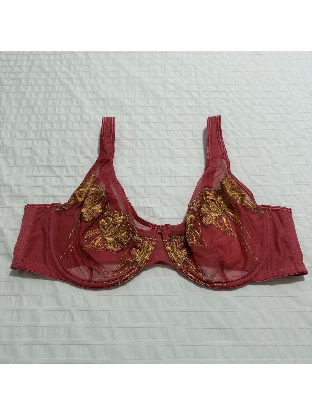 Cacique Flower Embroidery Pink Mesh Bra 42C Unlined Underwire